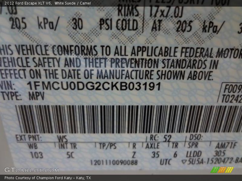 White Suede / Camel 2012 Ford Escape XLT V6