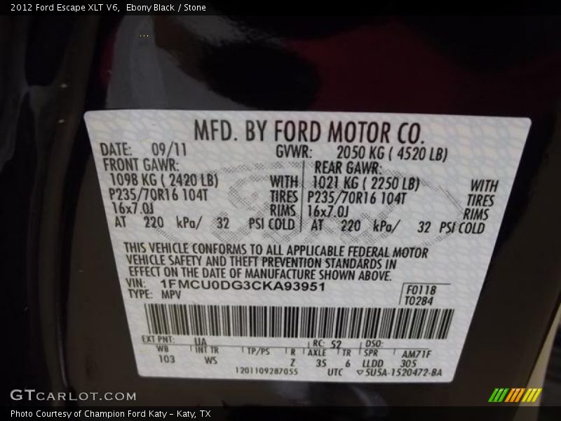 Ebony Black / Stone 2012 Ford Escape XLT V6
