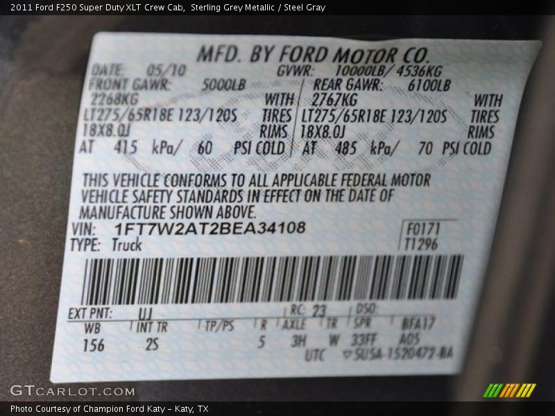 2011 F250 Super Duty XLT Crew Cab Sterling Grey Metallic Color Code UJ