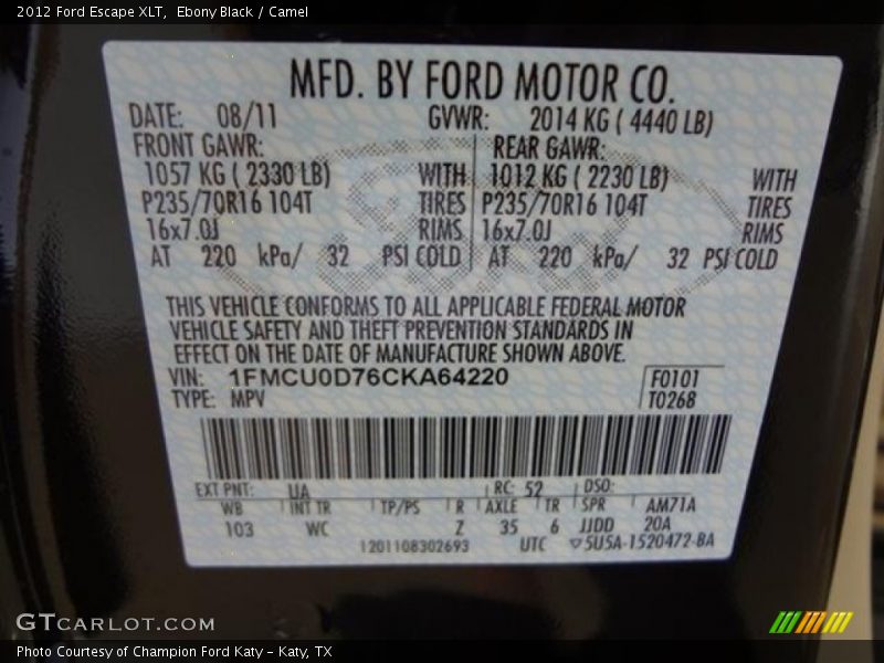 Ebony Black / Camel 2012 Ford Escape XLT