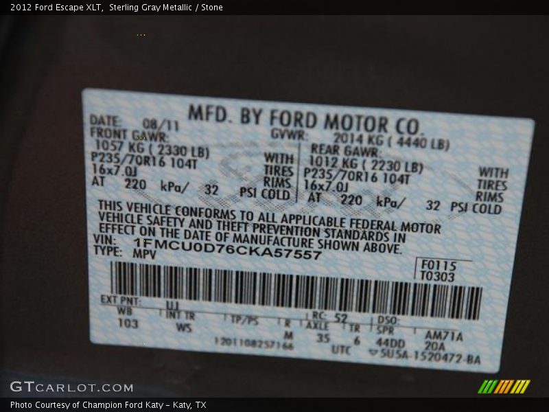 Sterling Gray Metallic / Stone 2012 Ford Escape XLT
