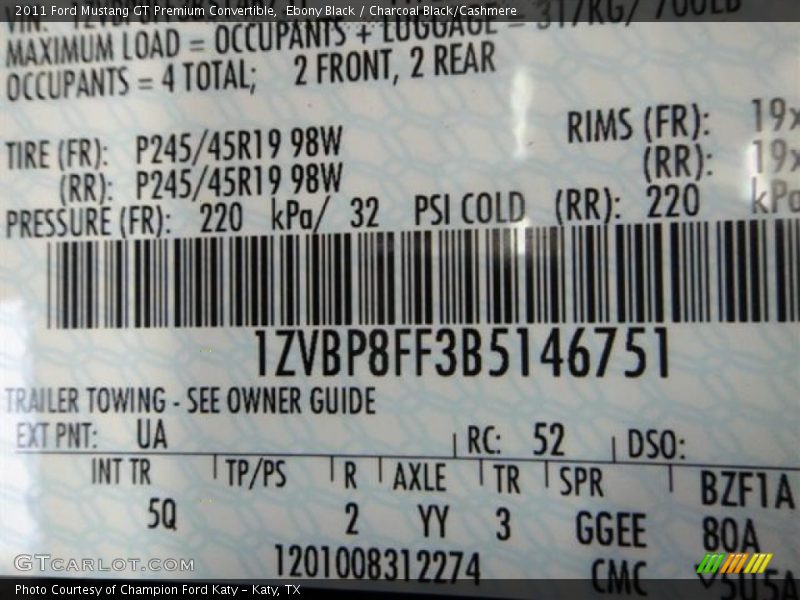 2011 Mustang GT Premium Convertible Ebony Black Color Code UA