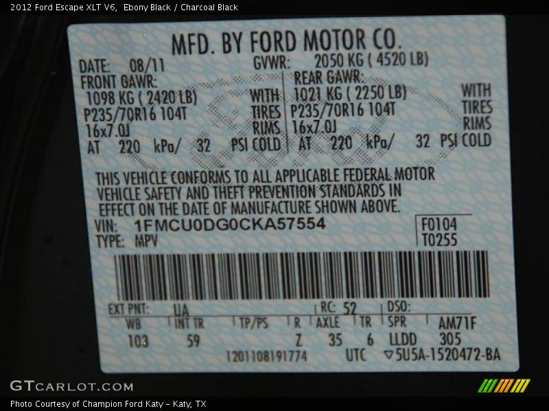 Ebony Black / Charcoal Black 2012 Ford Escape XLT V6