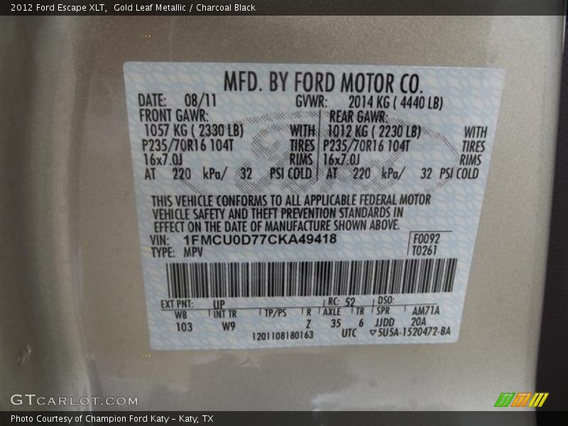 Gold Leaf Metallic / Charcoal Black 2012 Ford Escape XLT