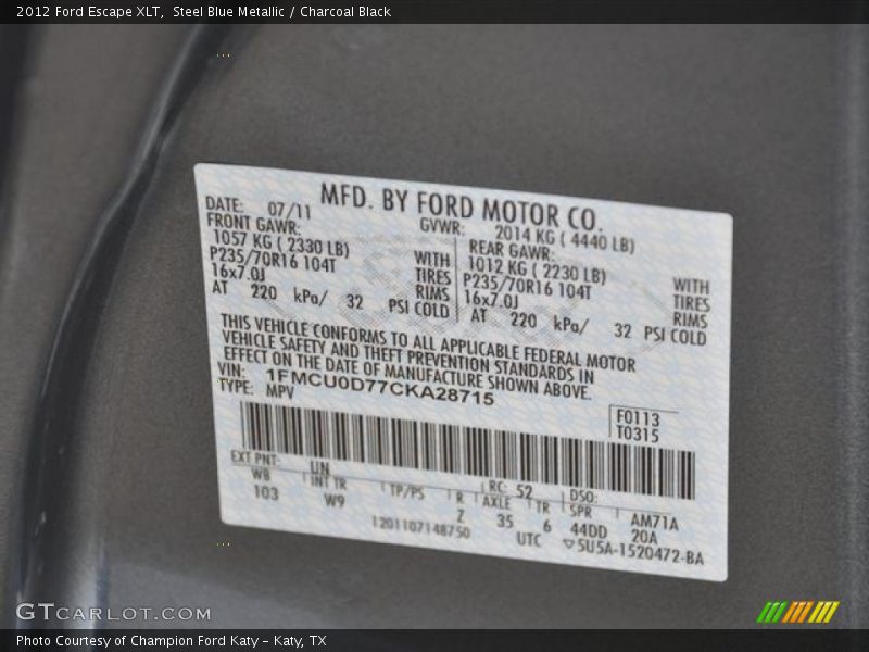 Steel Blue Metallic / Charcoal Black 2012 Ford Escape XLT