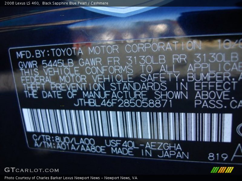 2008 LS 460 Black Sapphire Blue Pearl Color Code 8U0