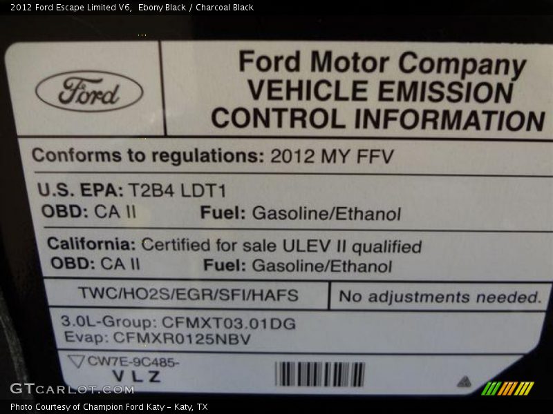 Emission Control Information - 2012 Ford Escape Limited V6