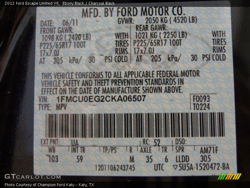 2012 Escape Limited V6 Ebony Black Color Code UA
