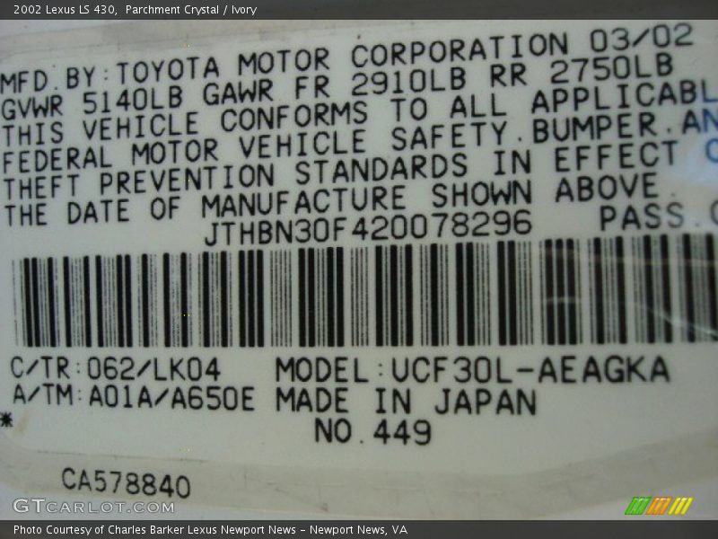 Parchment Crystal / Ivory 2002 Lexus LS 430