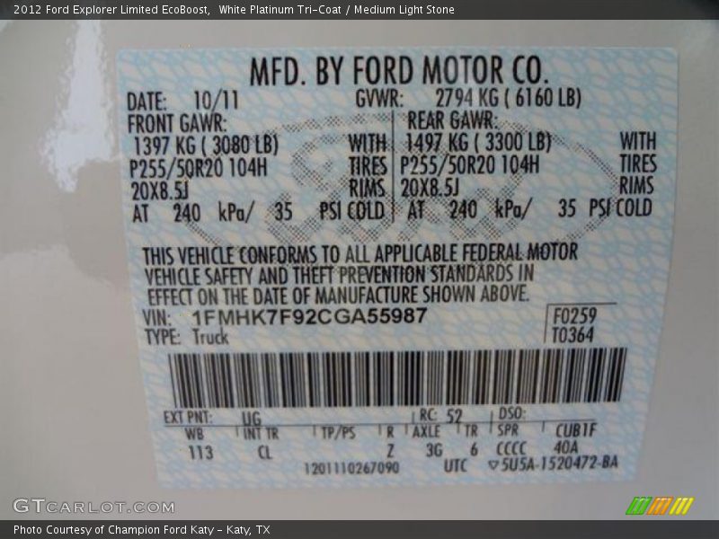 White Platinum Tri-Coat / Medium Light Stone 2012 Ford Explorer Limited EcoBoost