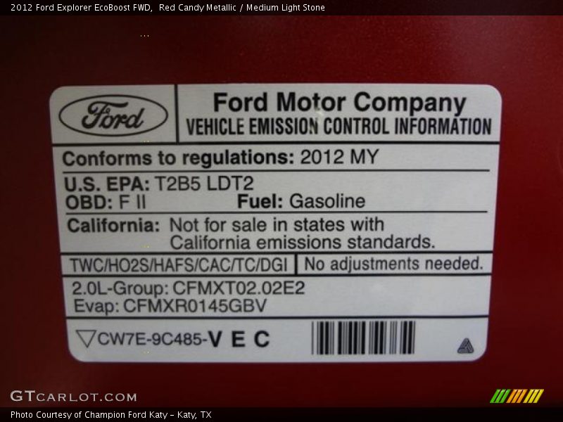 Emission Control Information - 2012 Ford Explorer EcoBoost FWD
