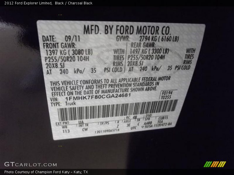2012 Explorer Limited Black Color Code UA