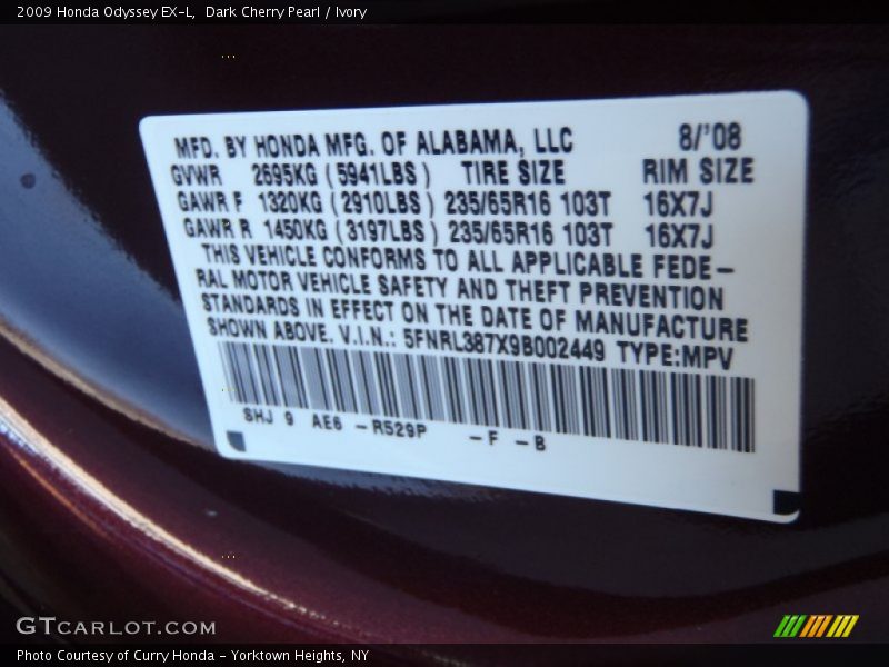 Dark Cherry Pearl / Ivory 2009 Honda Odyssey EX-L