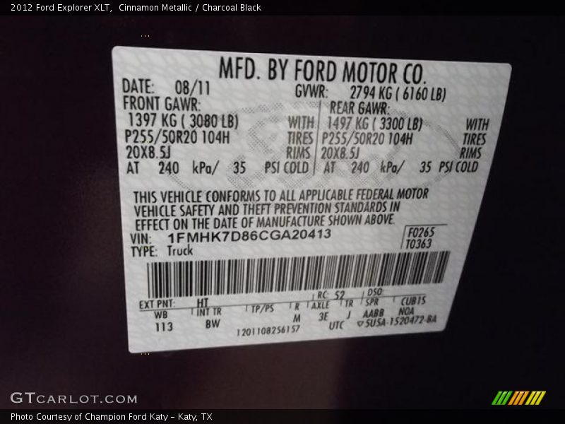 Cinnamon Metallic / Charcoal Black 2012 Ford Explorer XLT