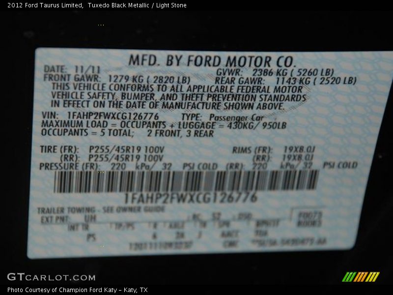 Tuxedo Black Metallic / Light Stone 2012 Ford Taurus Limited
