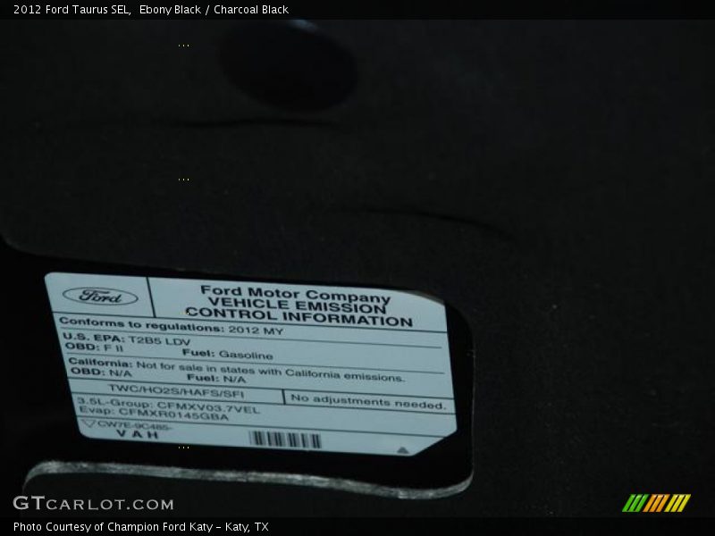 Ebony Black / Charcoal Black 2012 Ford Taurus SEL