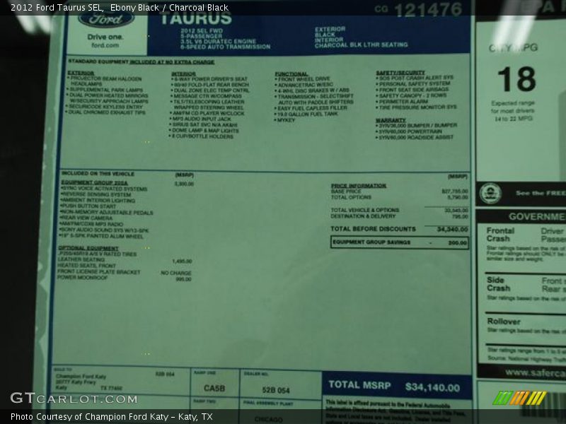 Ebony Black / Charcoal Black 2012 Ford Taurus SEL