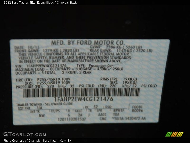 Ebony Black / Charcoal Black 2012 Ford Taurus SEL