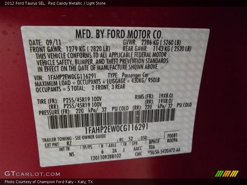 Red Candy Metallic / Light Stone 2012 Ford Taurus SEL