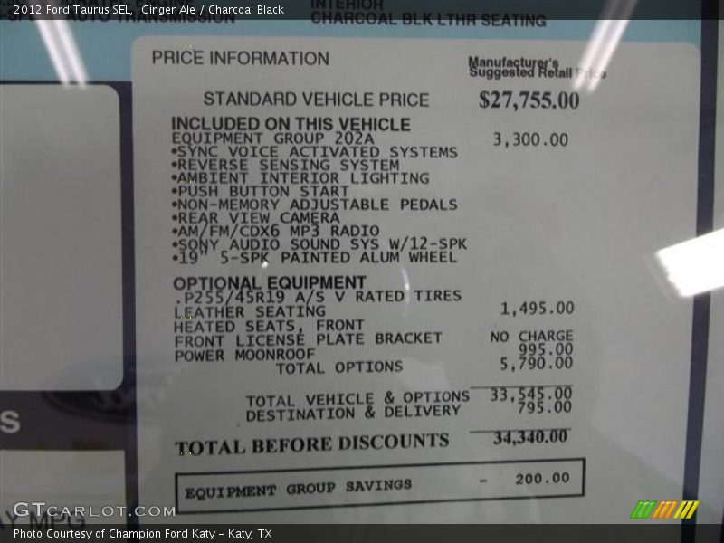  2012 Taurus SEL Window Sticker