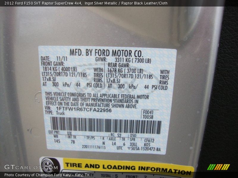 2012 F150 SVT Raptor SuperCrew 4x4 Ingot Silver Metallic Color Code UX