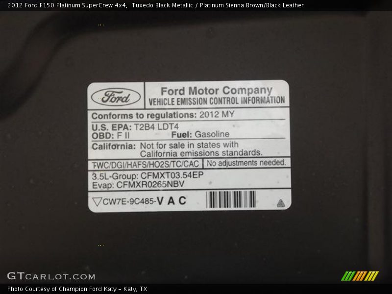 Emission Control Information - 2012 Ford F150 Platinum SuperCrew 4x4