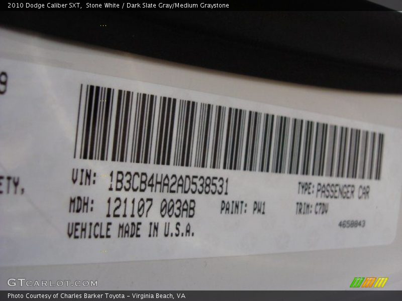 Stone White / Dark Slate Gray/Medium Graystone 2010 Dodge Caliber SXT