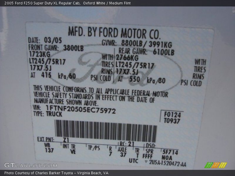 2005 F250 Super Duty XL Regular Cab Oxford White Color Code Z1