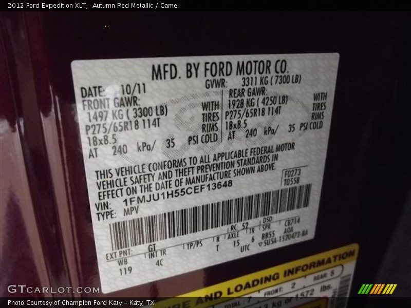 2012 Expedition XLT Autumn Red Metallic Color Code GT