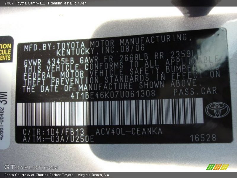 Titanium Metallic / Ash 2007 Toyota Camry LE