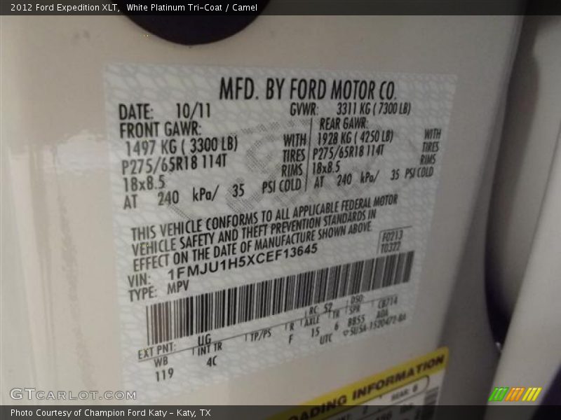 2012 Expedition XLT White Platinum Tri-Coat Color Code UG
