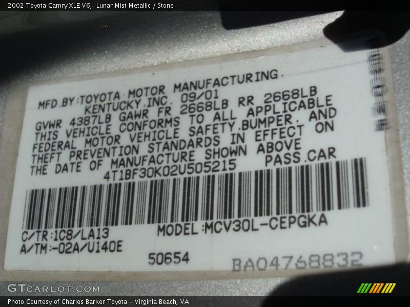 Lunar Mist Metallic / Stone 2002 Toyota Camry XLE V6