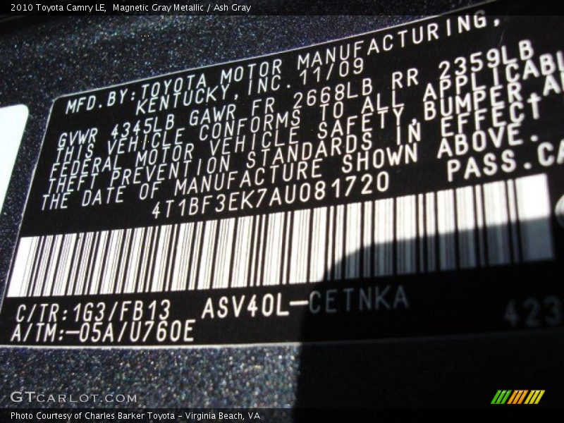 Magnetic Gray Metallic / Ash Gray 2010 Toyota Camry LE