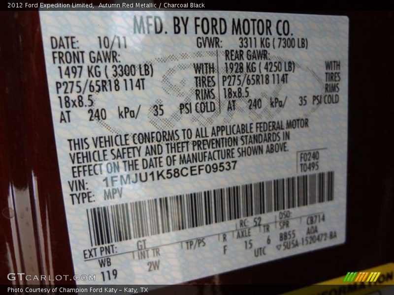2012 Expedition Limited Autumn Red Metallic Color Code GT