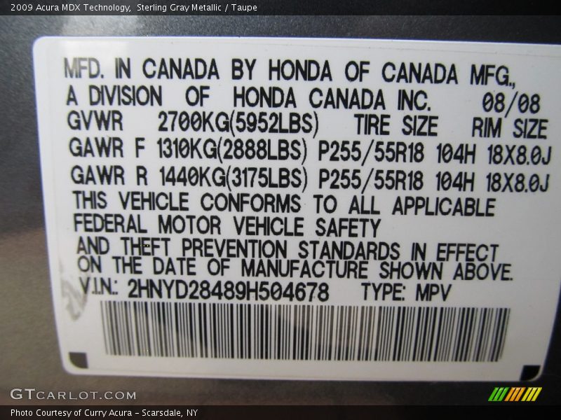 Sterling Gray Metallic / Taupe 2009 Acura MDX Technology