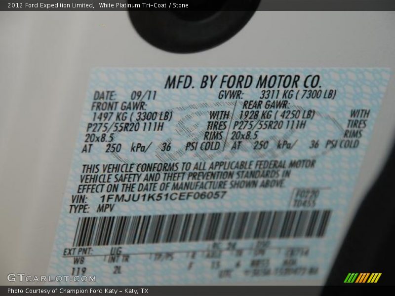2012 Expedition Limited White Platinum Tri-Coat Color Code UG