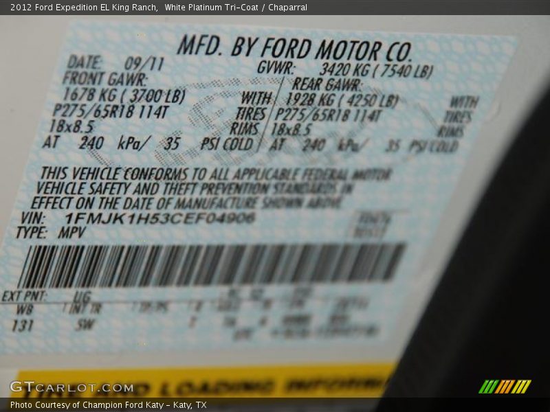 White Platinum Tri-Coat / Chaparral 2012 Ford Expedition EL King Ranch