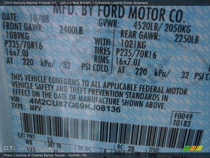 Light Ice Blue Metallic / Greystone Leather/Stone Alcantara 2009 Mercury Mariner Premier V6
