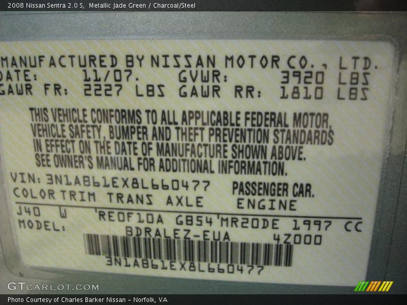 Metallic Jade Green / Charcoal/Steel 2008 Nissan Sentra 2.0 S