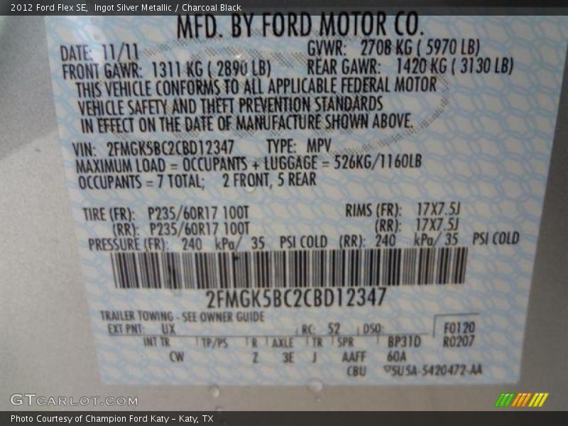 Ingot Silver Metallic / Charcoal Black 2012 Ford Flex SE