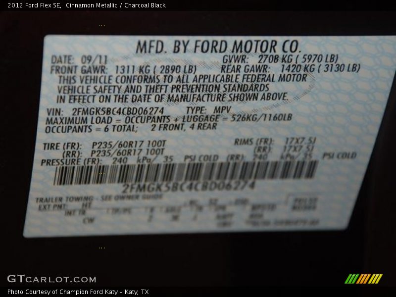 Cinnamon Metallic / Charcoal Black 2012 Ford Flex SE