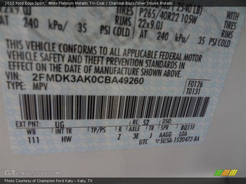2012 Edge Sport White Platinum Metallic Tri-Coat Color Code UG