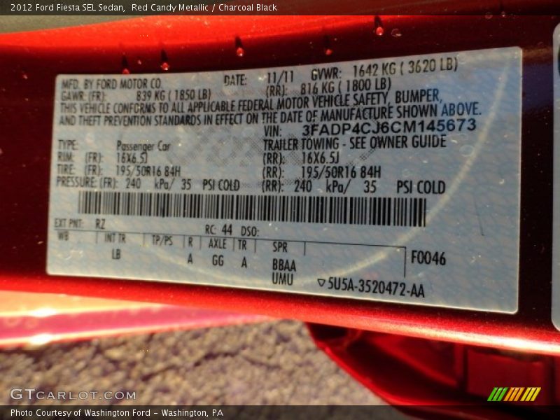 Red Candy Metallic / Charcoal Black 2012 Ford Fiesta SEL Sedan