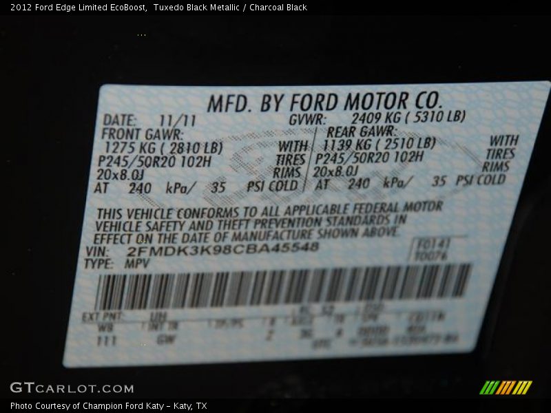 2012 Edge Limited EcoBoost Tuxedo Black Metallic Color Code UH