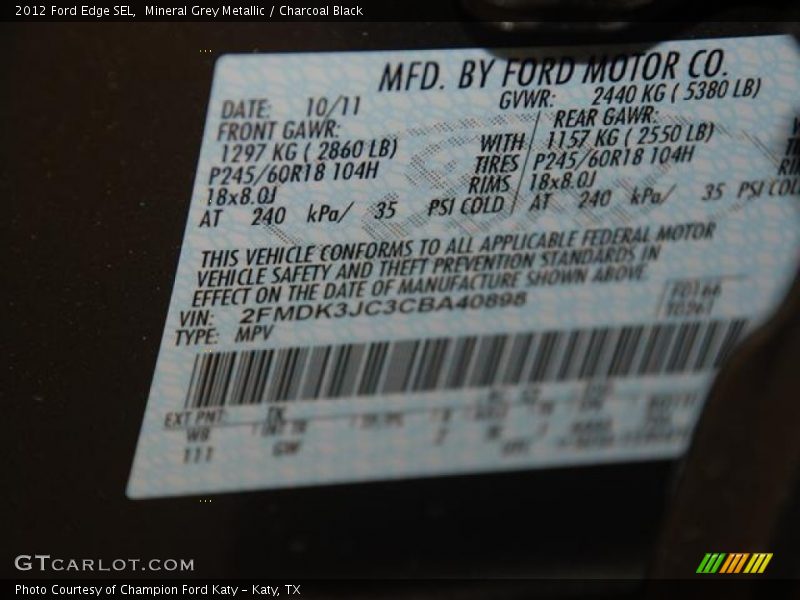 Mineral Grey Metallic / Charcoal Black 2012 Ford Edge SEL