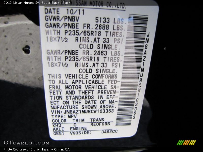 Super Black / Black 2012 Nissan Murano SV