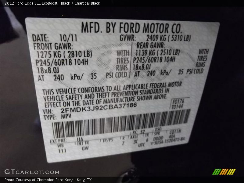 2012 Edge SEL EcoBoost Black Color Code UA