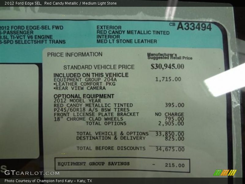  2012 Edge SEL Window Sticker