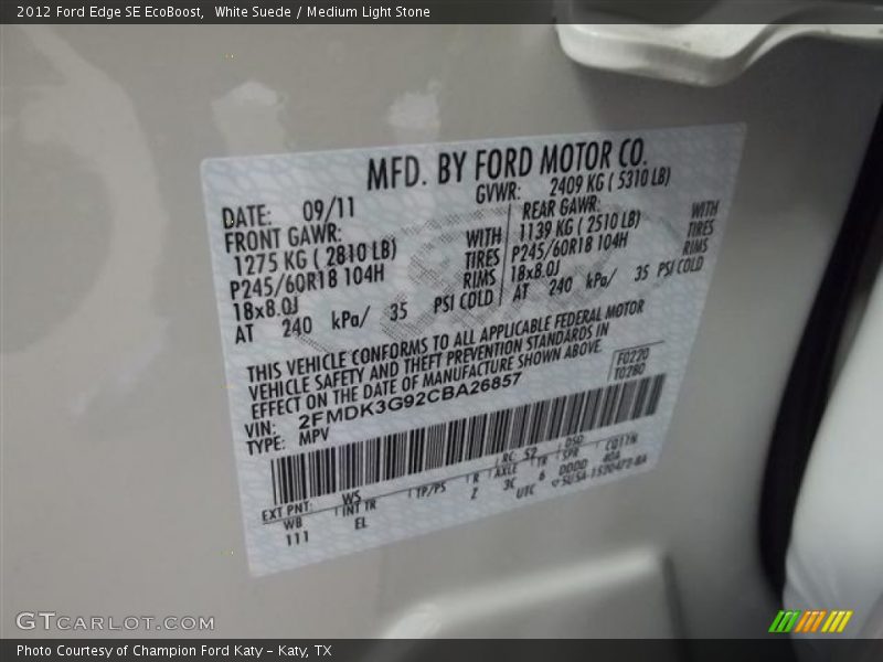 2012 Edge SE EcoBoost White Suede Color Code WS