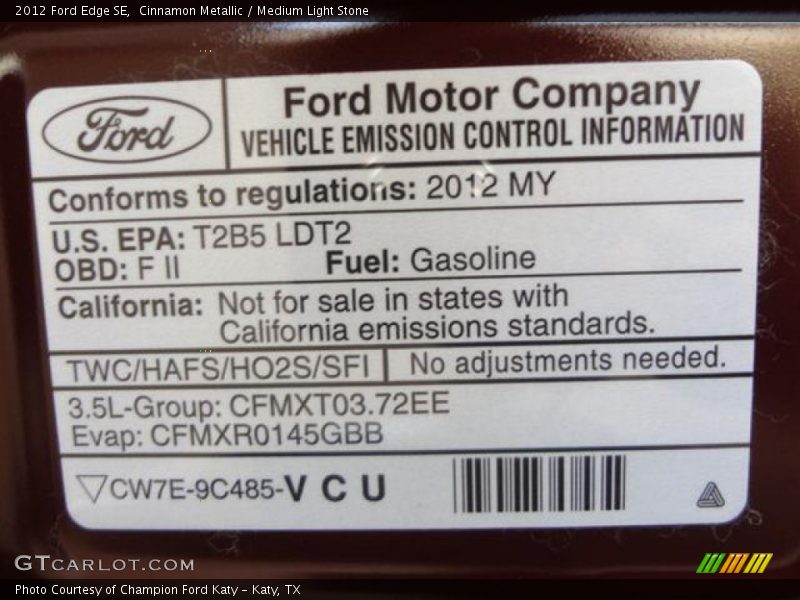 Emission Control Information - 2012 Ford Edge SE